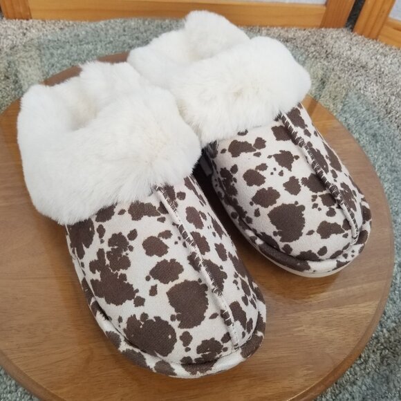 Unknown Other - NWOT Cow Print Slippers Faux Fur Lined Brown Cream Slip-On Unisex Size 44-45 M10